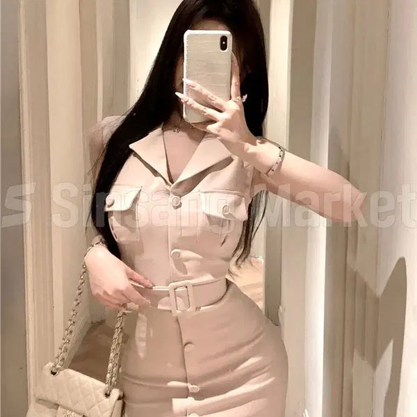 [BUNJANG] Glam Sexy Belted Sleeveless Tailored Jacket Dress / [빠른발송] 글램섹시 벨티드 양포켓 테일러드 민소매 재킷느낌 원피스