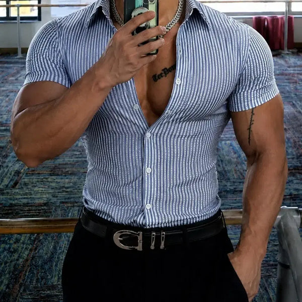 [BUNJANG] H STUDIO Men's Striped Muscle Fit Short Sleeve Shirt (M) / 정가5.6새거 쿨거택포 핏환상 리얼상체부각핏 스트라이프반팔남자머슬핏