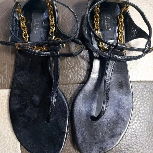 [BUNJANG] TIME (Hansem) Black Gold Chain Accent Flat Sandals (235) / 한섬) 타임   (금장스트랩장식) 쪼리  샌들