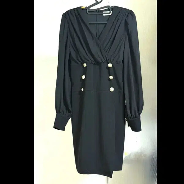 [BUNJANG] Black Gold Button Wrap Dress / 블랙 금장 버튼 랩 원피스