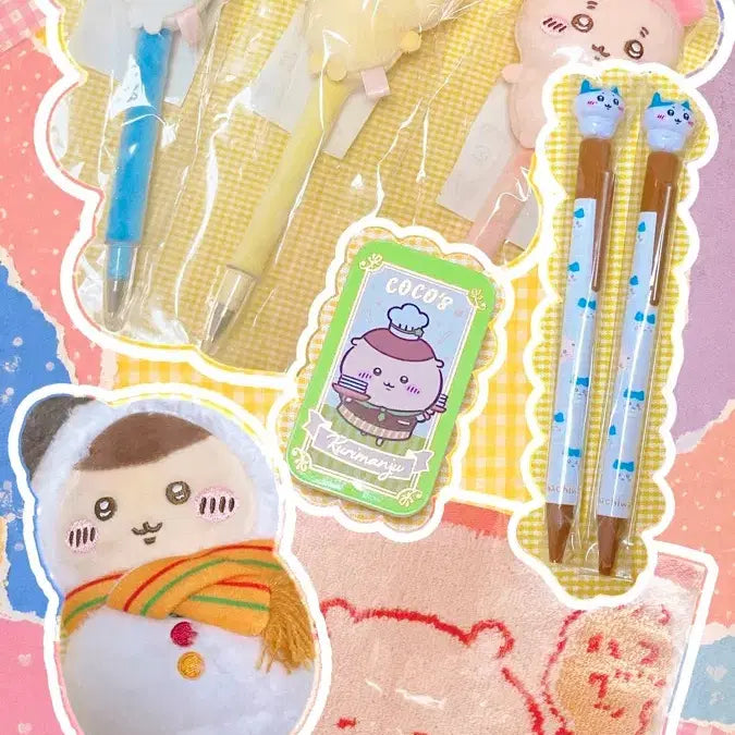 [BUNJANG] Chiikawa Mascot Ballpoint Pens & Kurimanju Tin Case Set / 치이카와 볼펜 마스코트 인형 쿠리만쥬 카니 하치와레 틴케이스 먼작귀