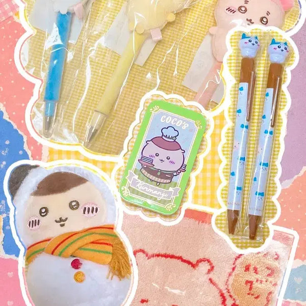 [BUNJANG] Chiikawa Mascot Ballpoint Pens & Kurimanju Tin Case Set / 치이카와 볼펜 마스코트 인형 쿠리만쥬 카니 하치와레 틴케이스 먼작귀