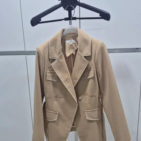 [BUNJANG] Angelo Bianco Beige Jacket with White Stitching and Belt / 안젤로비안코 자켓