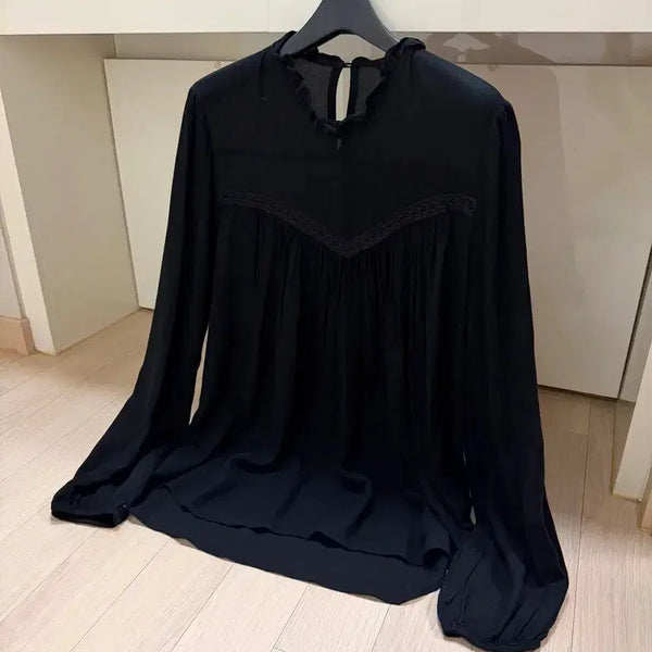[BUNJANG] Bruni Black Ruffle Lace Blouse / 제평 bruni 프릴넥 레이스 배색 블라우스 블랙 셔링 긴팔 봄여름 브루니