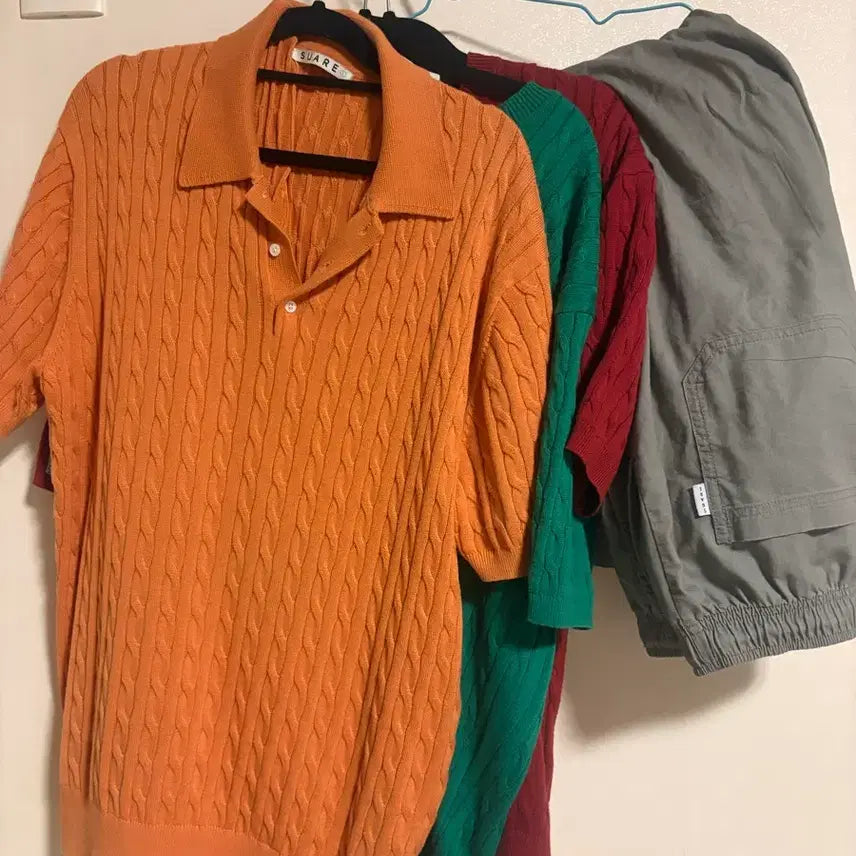 [BUNJANG] Suare Knit Short Sleeve L (Orange, Red, Green) & Linen Pants L (Khaki) / 수아레 니트 반팔L 오렌지,레드,그린 수아레 린넨 바지L 카키