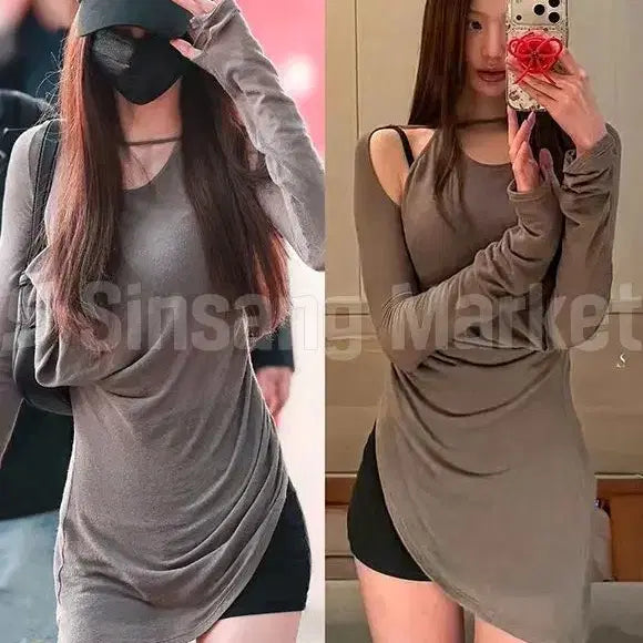 [BUNJANG] Ruched Long Sleeve Slit Shirring Dress / [빠른발송] 커버디자인티 홀터넥 슬릿트임 셔링롱 얇은긴팔