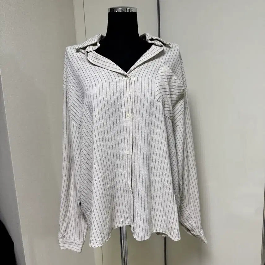 [BUNJANG] Linen Stripe Pattern Oversized Loose Shirt - Beige / (새상품) 베이지 린넨 스트라이프 패턴 오버 루즈 셔츠