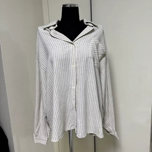 [BUNJANG] Linen Stripe Pattern Oversized Loose Shirt - Beige / (새상품) 베이지 린넨 스트라이프 패턴 오버 루즈 셔츠