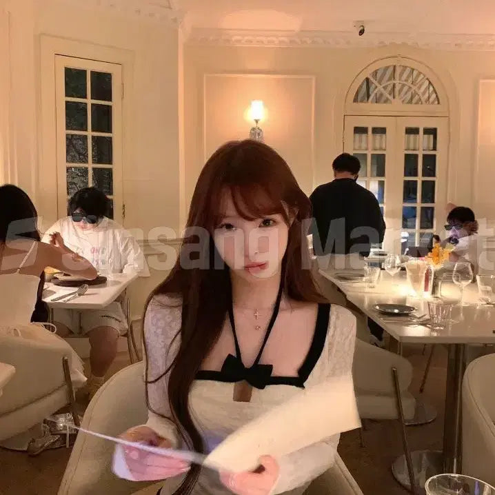 [BUNJANG] Ribbon Halter Sleeveless Knit Crop Cardigan / [빠른발송] 린하자카드세트 크롭가디건 홀터 리본 나시 배색