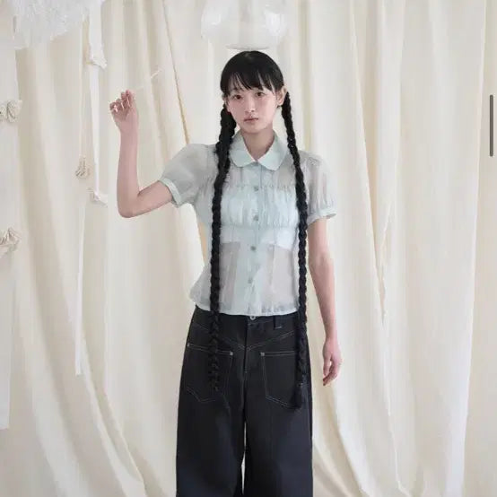 [BUNJANG] Mireco Shirring Sheer Blouse Pistachio Size 2 / 새상품) 미레코 블라우스