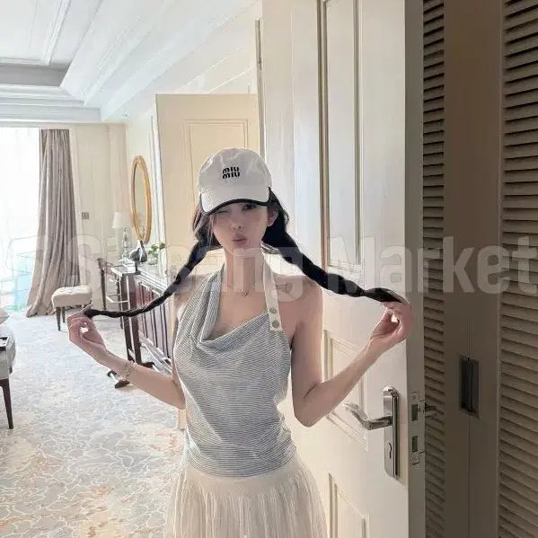 [BUNJANG] Halter Neck Striped Backless Sleeveless Top / [빠른발송] 드레이 홀터 나시 단가라 스트라이프 백리스