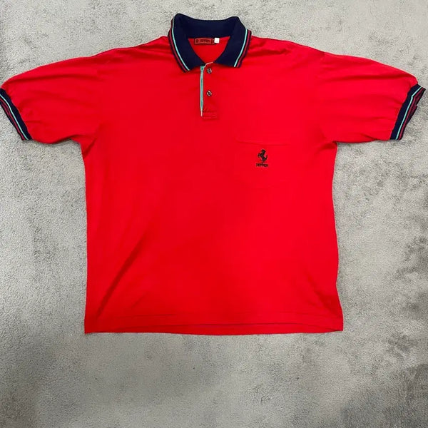 [BUNJANG] Ferrari Vintage Polo Shirt Red Cotton Striped Collar Pocket / made in italy 빈티지 페라리 포켓 카라티 L