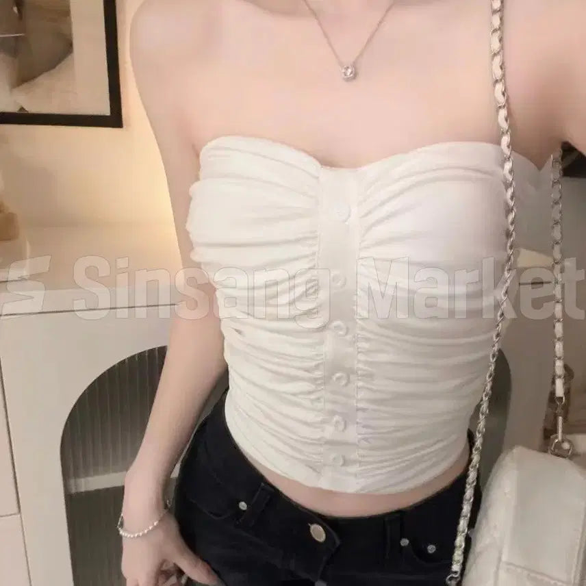 [BUNJANG] Button Shirring Tube Top with Built-in Chest Pad / [빠른발송] 단추주름튜브탑 가슴패드내장 나시 셔링