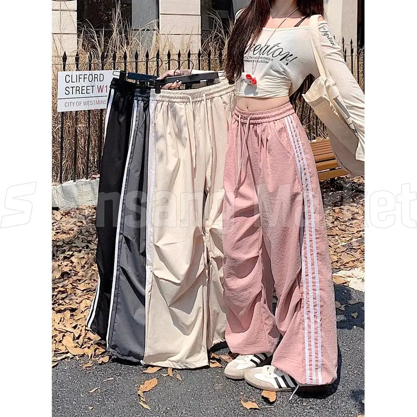 [BUNJANG] Motor Three-Stripe Pants Banding Training Wide Pleated Pants / [빠른발송] 모터삼선팬츠 밴딩 트레이닝 츄리닝 와이드주름바지
