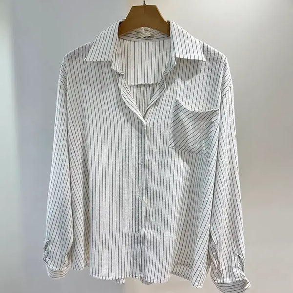 [BUNJANG] White Linen Stripe Pattern Oversized Loose Shirt / (새상품) 화이트 린넨 스트라이프 패턴 오버 루즈 셔츠