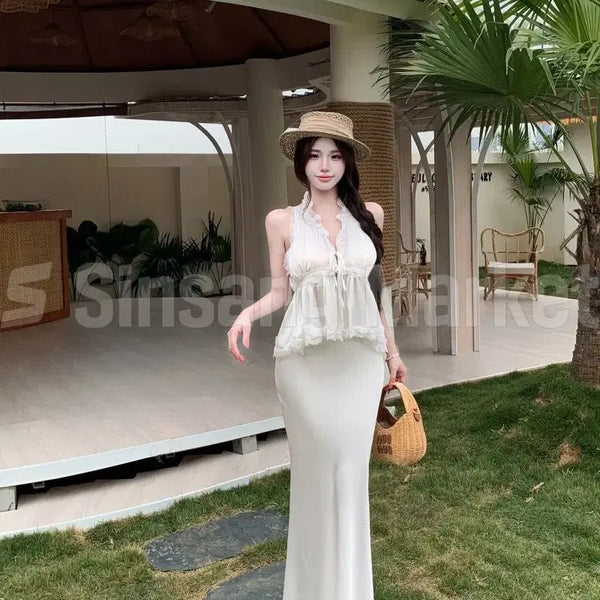 [BUNJANG] LumiSet V-Neck Lace Camisole Mermaid Line Long Skirt Set / [빠른발송] 루미세트 브이넥 레이스 나시 인어라인롱스커트