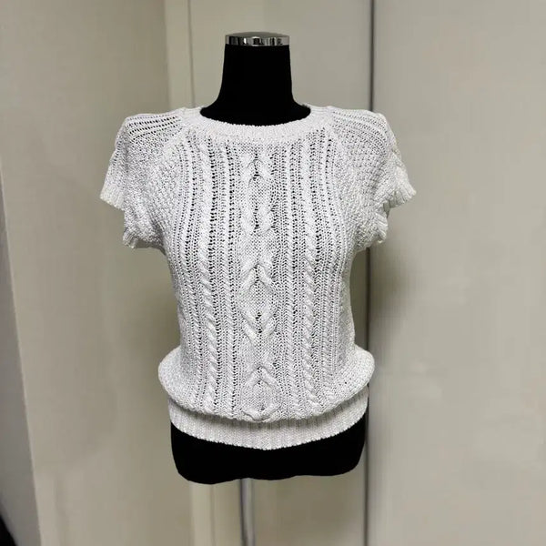 [BUNJANG] White Summer Knit Cable Punching Knit Cap Sleeve Top / (새상품) 화이트 여름 니트 케이블 펀칭 니트 캡소매