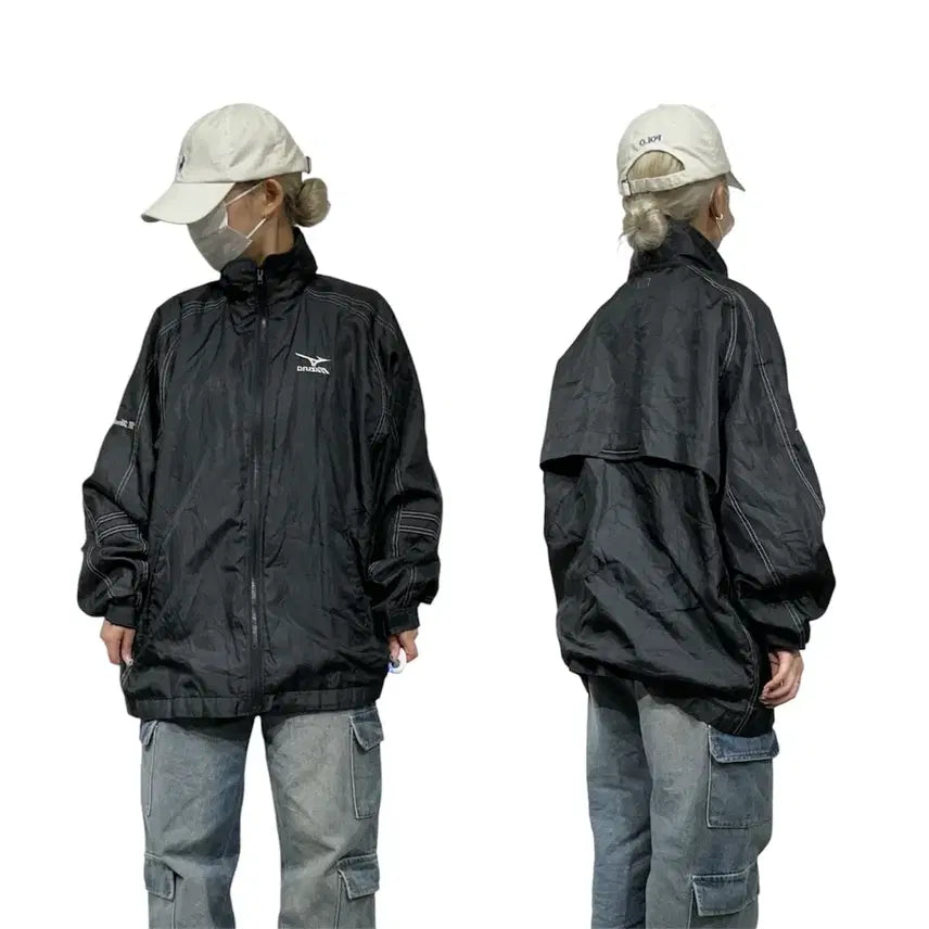 [BUNJANG] Mizuno Black Oversized Side Line Windbreaker Track Jacket L / 미즈노 블랙 오버핏 사이드 라인 바람막이 트랙 자켓 L