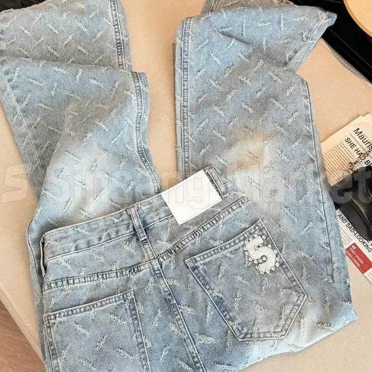 [BUNJANG] Five Edition Embroidered Cubic Wide Denim Pants / [빠른발송] 파이브에디션청바지 데님팬츠 자수큐빅 와이드