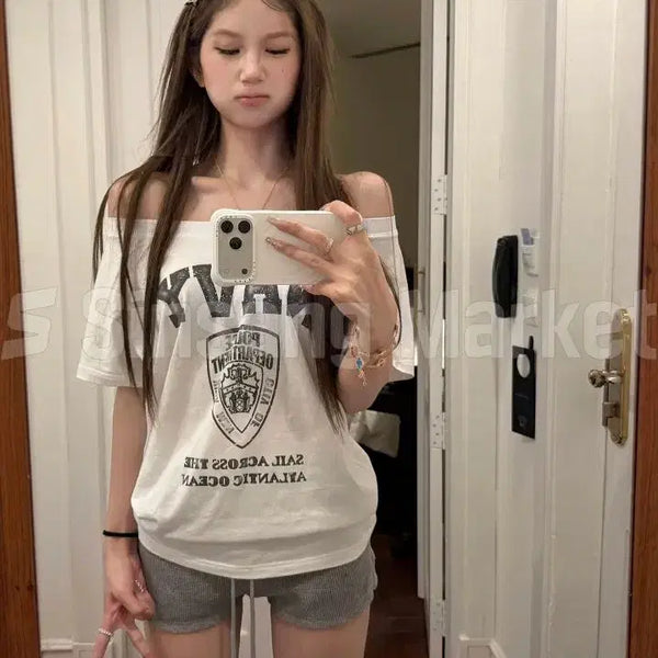 [BUNJANG] Navy Seal Lettering Off-Shoulder Top / [빠른발송] 네이비씰티 오프숄더 레터링
