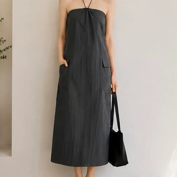 [BUNJANG] Wonlog Nylon Halterneck Long Dress - Charcoal / 원로그 나일론 홀터넥 탑 롱 원피스 차콜