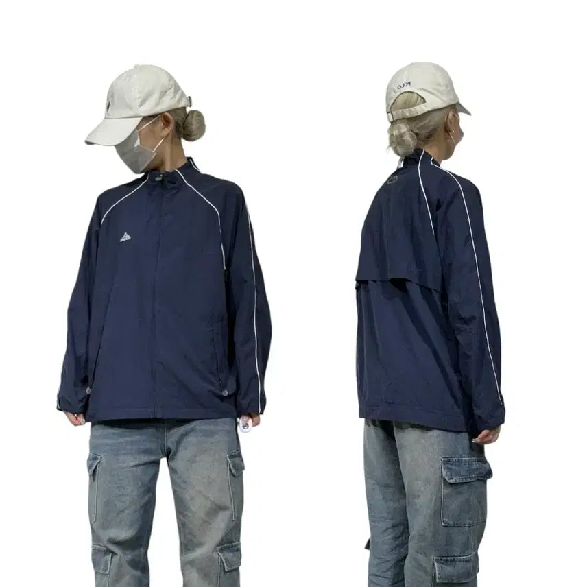 [BUNJANG] Adidas Navy Oversized White Side Line Windbreaker Track Jacket L / 아디다스 네이비 오버핏 화이트 사이드 라인 바람막이 트랙 자켓 L