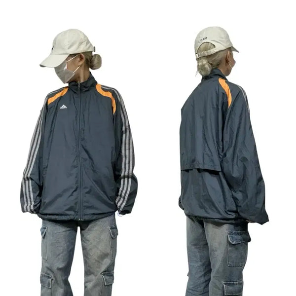 [BUNJANG] Adidas Charcoal Grey Three-Stripes Oversized Windbreaker Track Jacket L / 아디다스 차콜 그레이 삼선 오버핏 바람막이 트랙 자켓 L