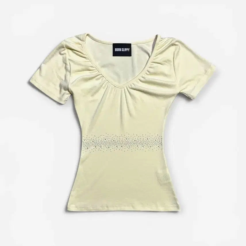 [BUNJANG] BONSLEEPY Crystal Short Sleeve Shirring T-Shirt Lemon Yellow / (새상품) 본슬리피 크리스탈 반팔 셔링 티셔츠 레몬 옐로우 블랙업스컬프터