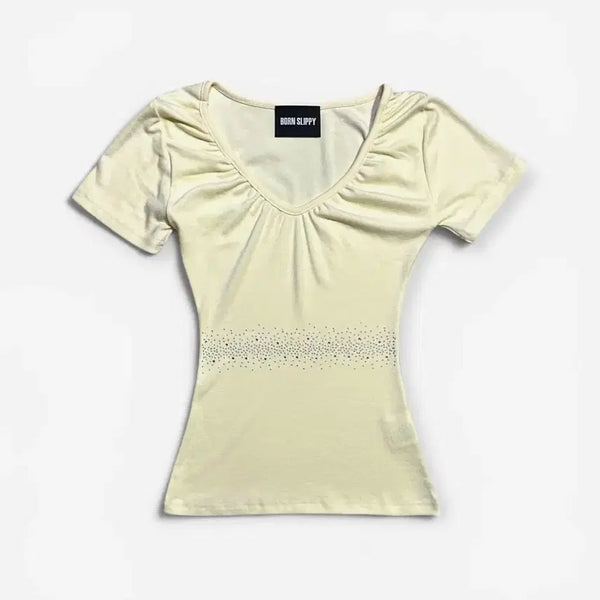 [BUNJANG] BONSLEEPY Crystal Short Sleeve Shirring T-Shirt Lemon Yellow / (새상품) 본슬리피 크리스탈 반팔 셔링 티셔츠 레몬 옐로우 블랙업스컬프터