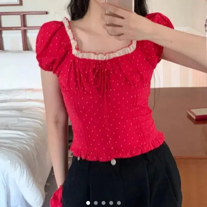 [BUNJANG] Red Dot Frill Blouse Scrunchie Set / 지그재그 레드 도트 프릴 블라우스 스크런치 세트