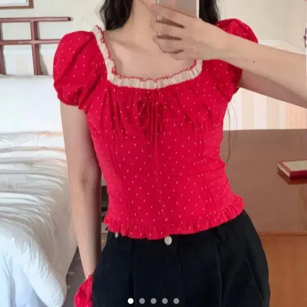 [BUNJANG] Red Dot Frill Blouse Scrunchie Set / 지그재그 레드 도트 프릴 블라우스 스크런치 세트