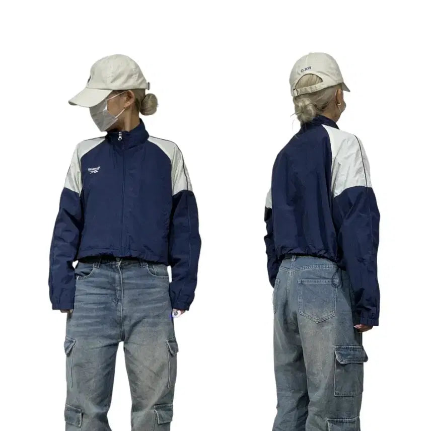 [BUNJANG] Reebok Navy White Cropped Windbreaker Track Jacket - Size L / 리복 네이비 화이트 크롭 바람막이 트랙 자켓 L