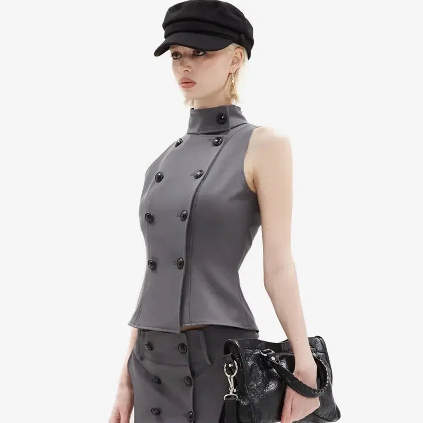 [BUNJANG] Hilda Tailored Half-Neck Button Set - Grey / 힐다 테일러드 하프넥 버튼 세트 그레이
