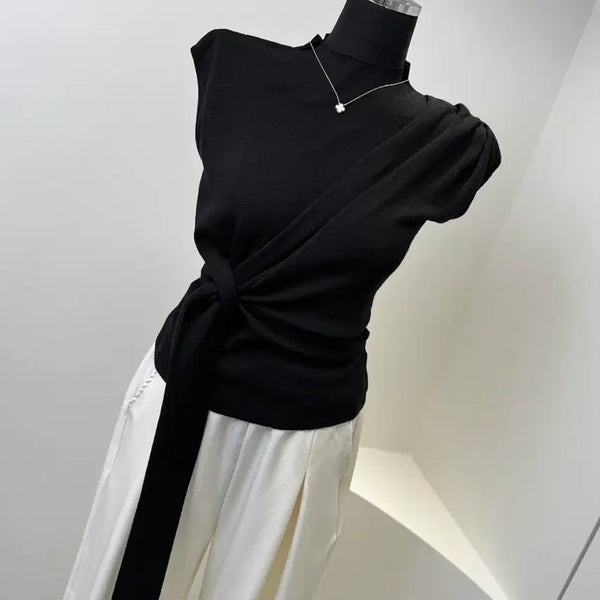 [BUNJANG] Black Wrap Drape Shirring Cap Sleeve Knit / (새상품) 검정 랩 드레이프 셔링 캡소매 니트