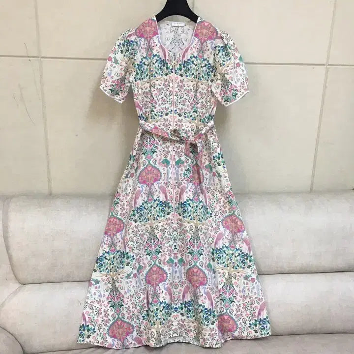 [BUNJANG] Sandro Genuine Linen Flower Pattern Zip-Up Puff Sleeve Belted Long Dress / 산드로 정품  집업 퍼프소매 벨트 린넨롱원피스 플라워패턴