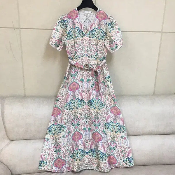 [BUNJANG] Sandro Genuine Linen Flower Pattern Zip-Up Puff Sleeve Belted Long Dress / 산드로 정품  집업 퍼프소매 벨트 린넨롱원피스 플라워패턴