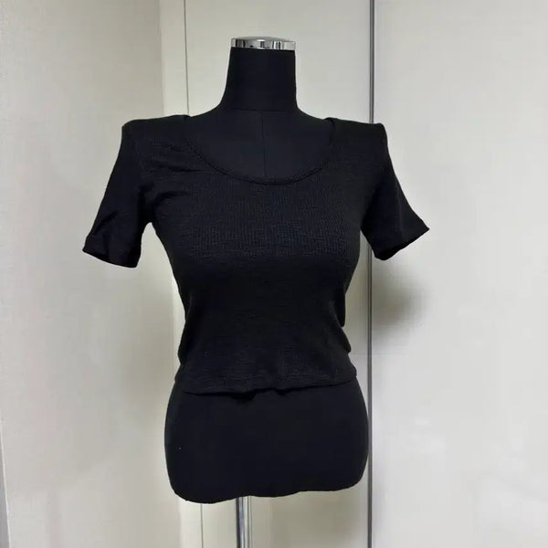 [BUNJANG] Black Cotton Modal Deep Round Short Sleeve T-Shirt / (새상품) 블랙 면 모달 딥 라운드 반팔 티