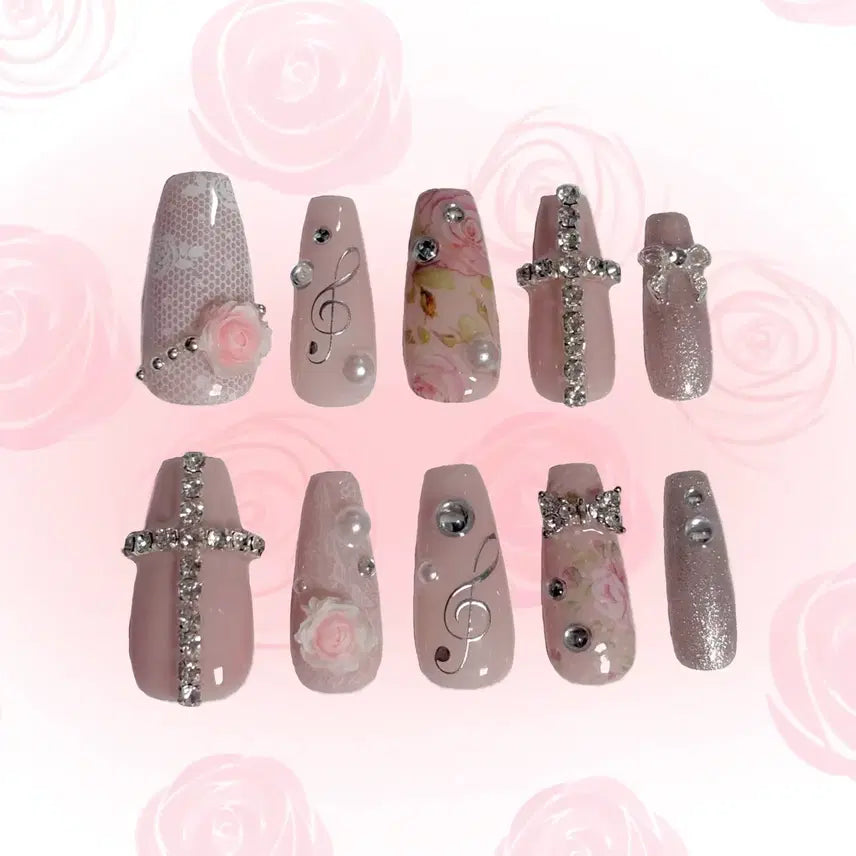 [BUNJANG] Pink Rose Nail Tips / 핑크 로즈 네일팁