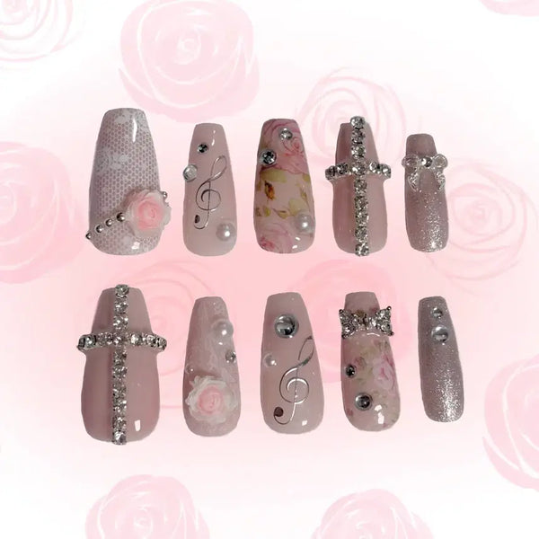 [BUNJANG] Pink Rose Nail Tips / 핑크 로즈 네일팁