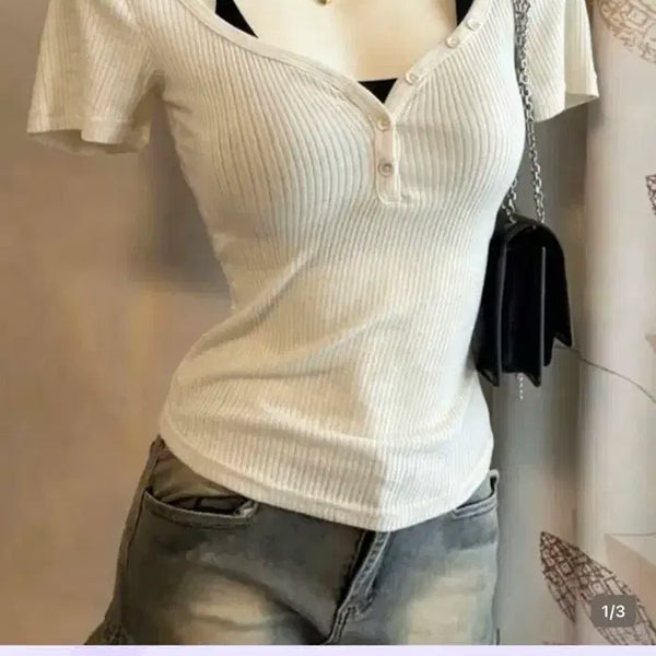 [BUNJANG] Women's V-Neck Short-Sleeve Cardigan T-Shirt / 여성 얇은 흰색 반팔 가디건반팔