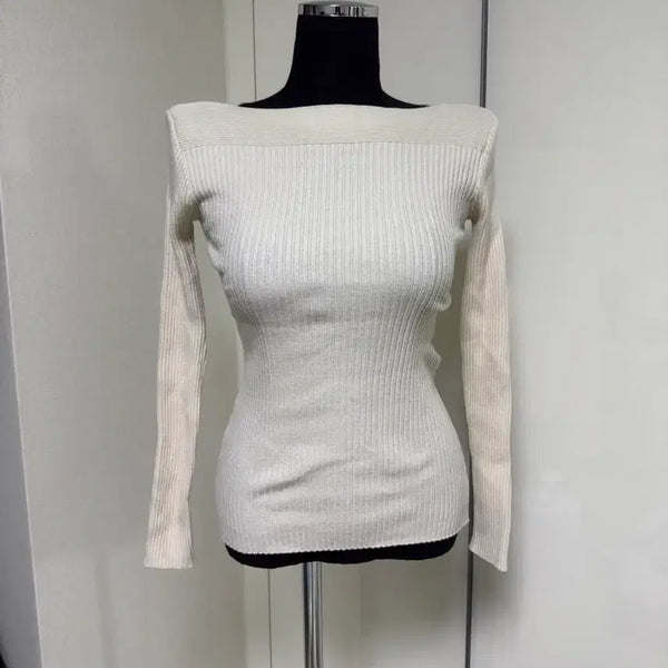 [BUNJANG] Ribbed Long Sleeve Lip Neck Knit Top / 봄/가을 크림 입술넥 골지 긴팔 니트 1회착용