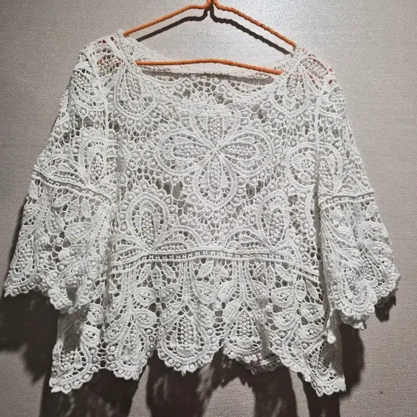 [BUNJANG] White Lace Crochet Top Layered Knit / 화이트 레이스 크로셰 탑. 레이어드 니트