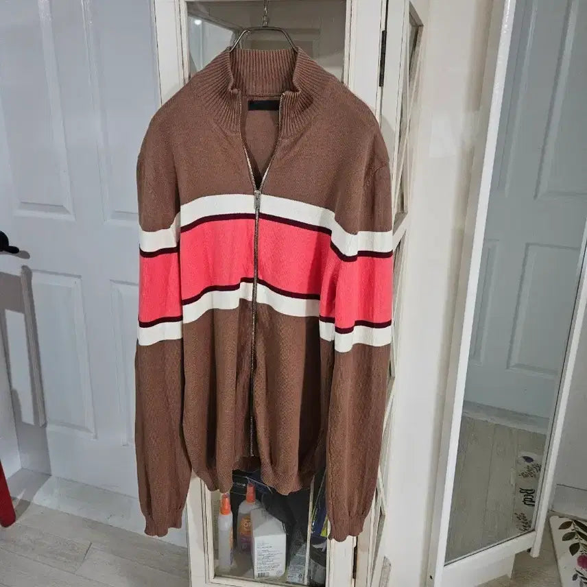 [BUNJANG] ASOS Striped Zip-Up Knit Sweater / 아소스 니트 핑크 화이트 스트라이프