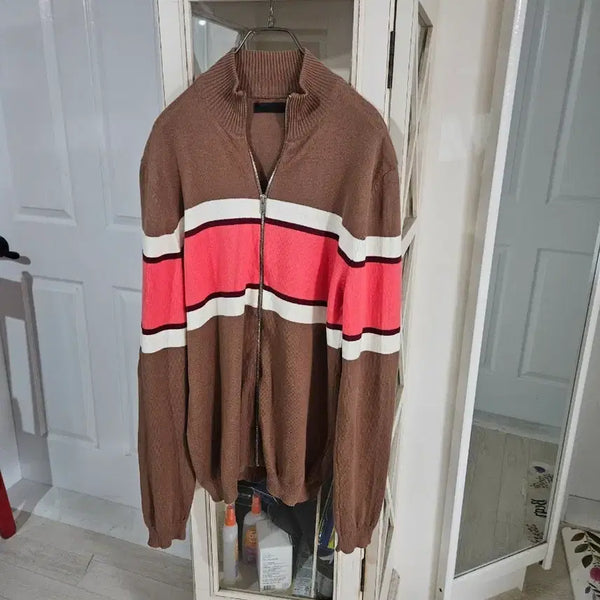 [BUNJANG] ASOS Striped Zip-Up Knit Sweater / 아소스 니트 핑크 화이트 스트라이프
