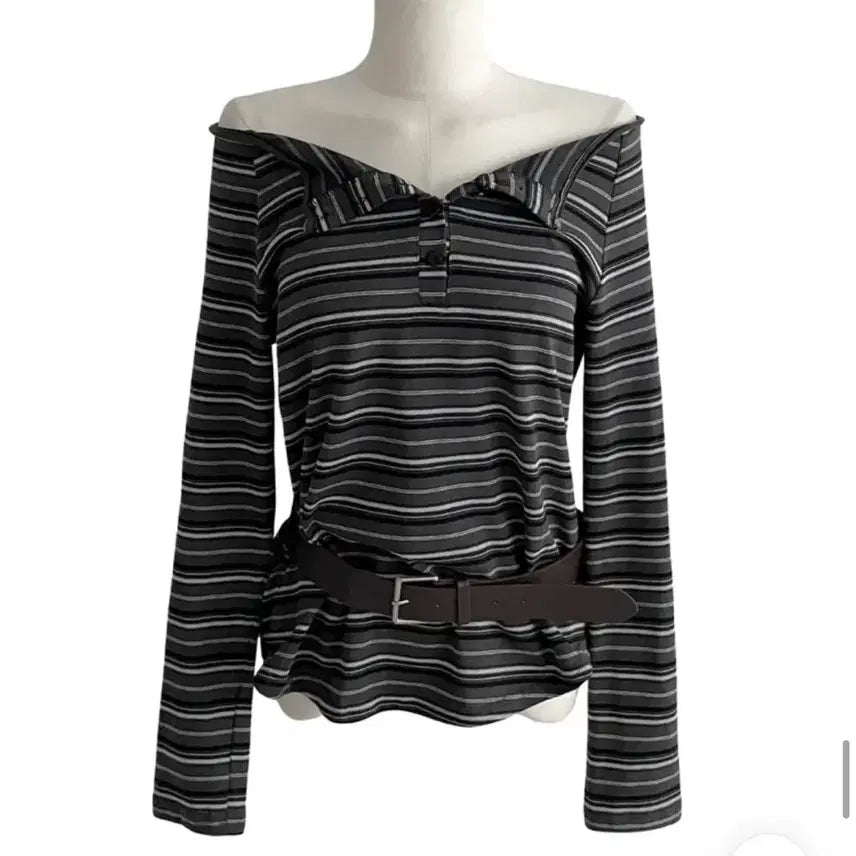 [BUNJANG] Stripe Long Sleeve Off-Shoulder T-Shirt / 스트라이프 긴팔 오프숄더 티셔츠