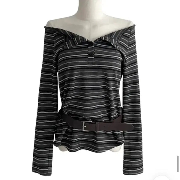 [BUNJANG] Stripe Long Sleeve Off-Shoulder T-Shirt / 스트라이프 긴팔 오프숄더 티셔츠