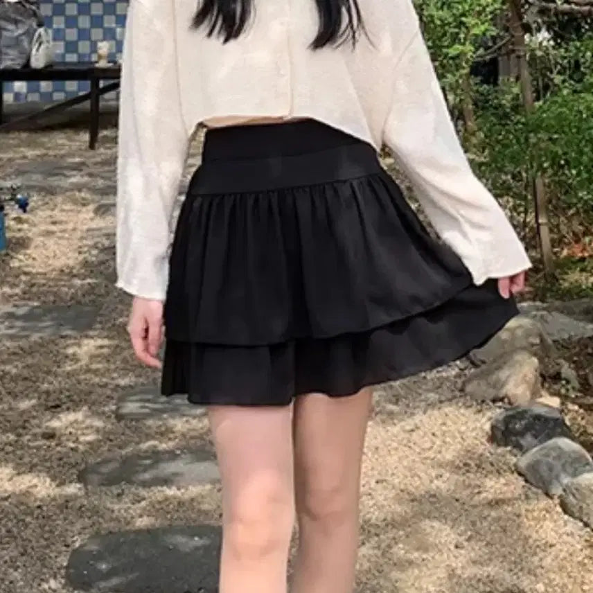 [BUNJANG] Chiffon Pleated Tiered Skirt with Built-in Shorts / 속바지내장 쉬폰 캉캉 플리츠 스커트 아이보리 화이트 블랙 에이블리 지그재그