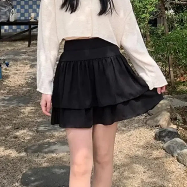 [BUNJANG] Chiffon Pleated Tiered Skirt with Built-in Shorts / 속바지내장 쉬폰 캉캉 플리츠 스커트 아이보리 화이트 블랙 에이블리 지그재그