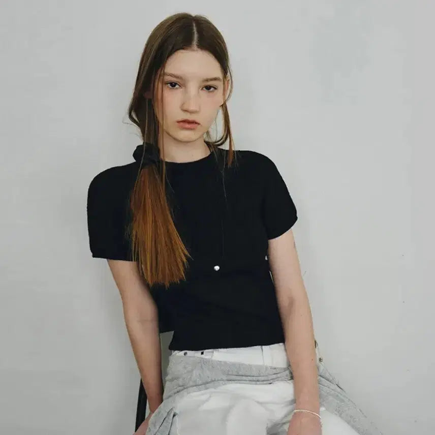 [BUNJANG] MonDol Whole Garment Half-Neck Pleats Knit Top - Black / (새상품) 몽돌 홀가먼트 하프넥 플리츠 니트 탑 블랙