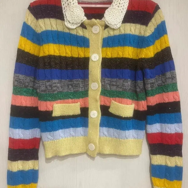 [BUNJANG] Rainbow Stripe Knit Cardigan / 니트 가디건 레인보우 스트라이프